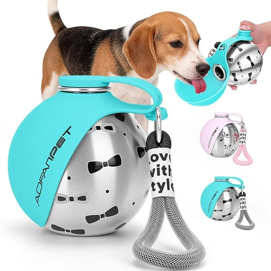 Botella de Agua Portátil para Perros y Gatos — Acero Inoxidable con Bebedero Integrado